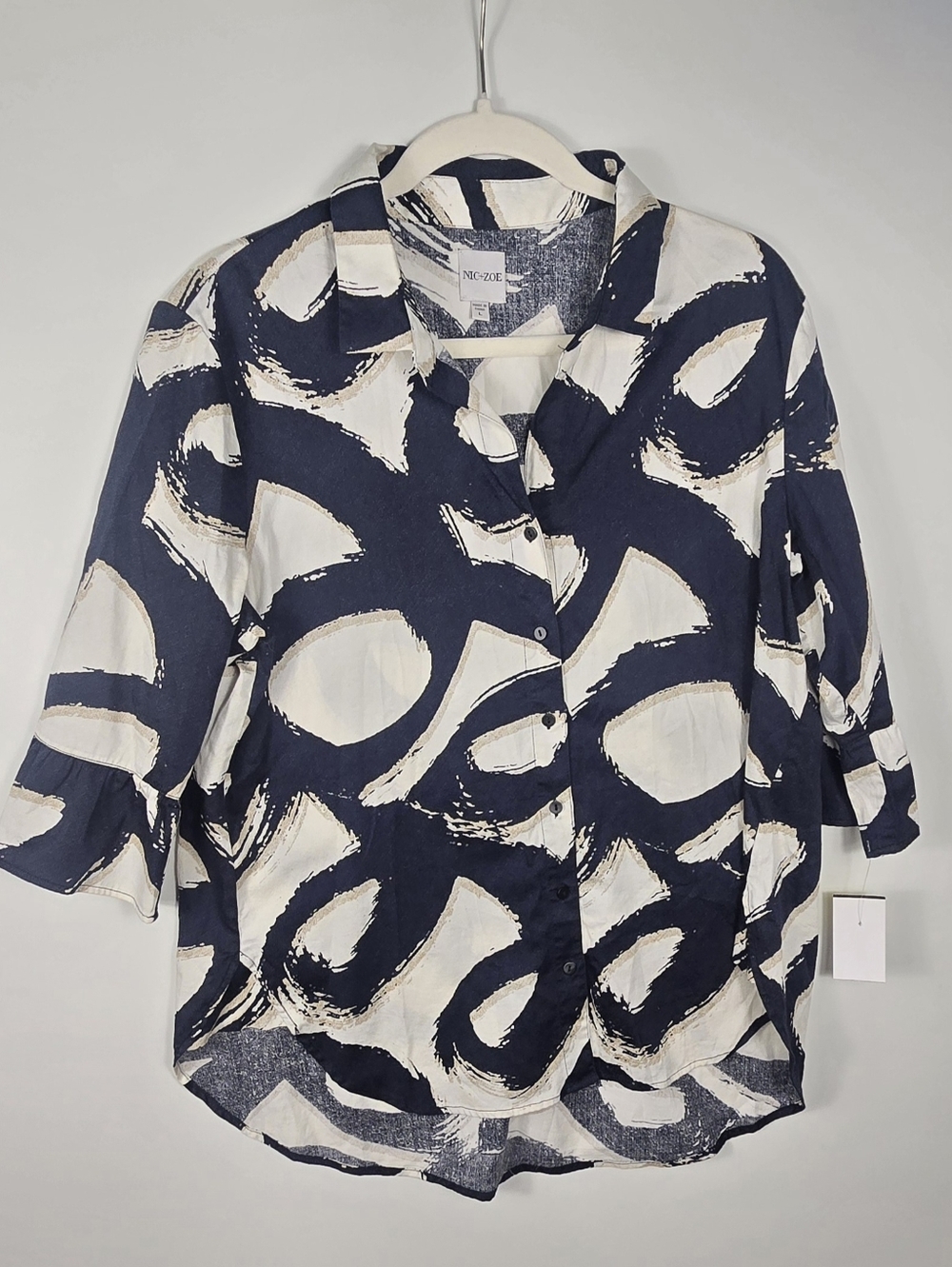 NIC+ZOE Navy and Cream Abstract Brushstroke Button-Down Top